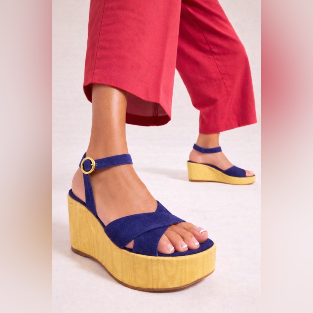 Valentina Rangoni Platform Sandals Italian Designer Cobalt Blue & Gold Size 7